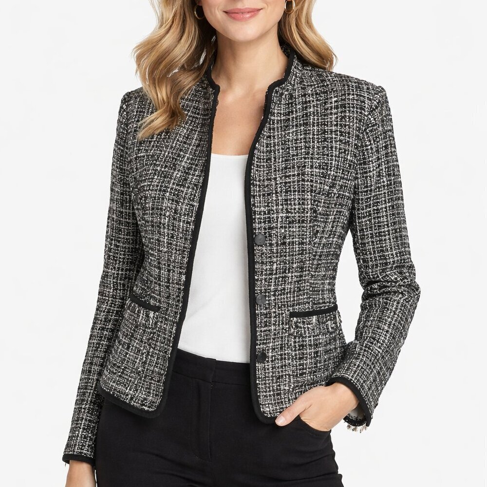 Vintage Harold’s Tweed Blazer Size 10 Wool Blend Black White Fringe Pockets